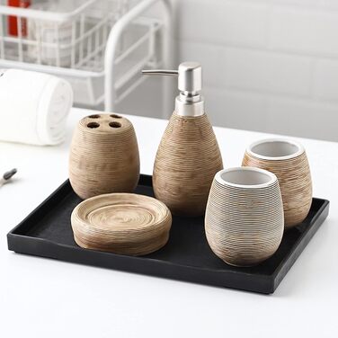 Набір аксесуарів для ванної кімнати Tauzveok з кераміки, 6 предметів: дозатор мила, тримач для зубних щіток, мильниця, стаканчик та підставка. Колір: коричневий.