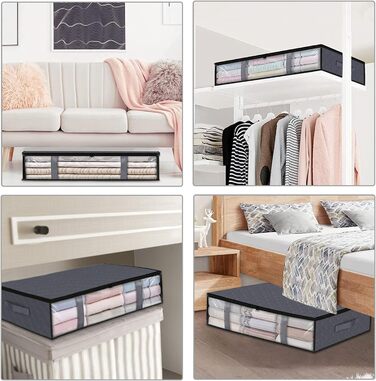 Коробки для зберігання під ліжком (3 шт.) з прозорим вікном та ручками - Складані контейнери для постільних речей, одягу, ковдр 60x45x15 см, темно-сірий