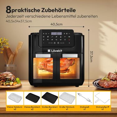 Фритюрниця повітряна LLIVEKIT 15L з 2 камерами, з оглядовим вікном, 2600W, 12-в-1, чорна, з таймером та 8 аксесуарами