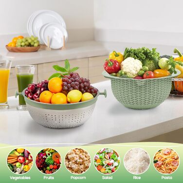 Набір сит з мискою для перемішування, 2024, сито для продуктів харчування, сито для макаронів/рису, мийка для овочів/фруктів, салатниця, кухонні аксесуари, корзина-сито, миска (зелений)
