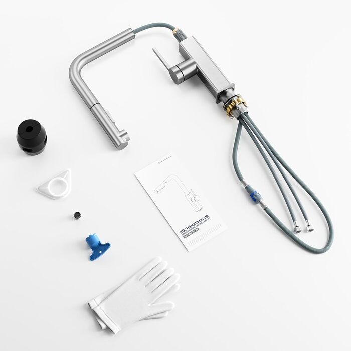 Кухонний змішувач CECIPA висувний з душем, нержавіюча сталь, 2 режими, поворот 360°, високий тиск, L-подібний, для кухні