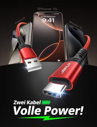 Кабель USB-C JSAUX 3.1A (2 шт. по 2м), 2 шт., червоний, для Samsung Galaxy, iPhone, PS5, CarPlay, нейлон, швидка зарядка