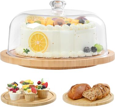 Підставка для тортів Ohuhu з бамбука 2-в-1 з кришкою, обертова тарка для тортів з 3 знімними ніжками та акриловою кришкою для випічки, декорування та святкування, чудовий подарунок для жінок