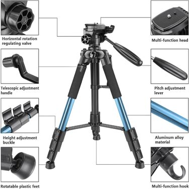 Штатив для камери Neewer 142 см з алюмінієвого сплаву з 3-стороннім поворотним кріпленням, сумка, підтримка до 4 кг, синій (SAB234)