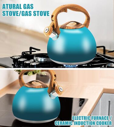 Чайник-свисток Foedo 3.2 л з нержавіючої сталі з дерев'яною текстурою, 3.2 л, для чаю, кави та молока, класичний дизайн, червоний (градієнт темно-зеленого кольору)