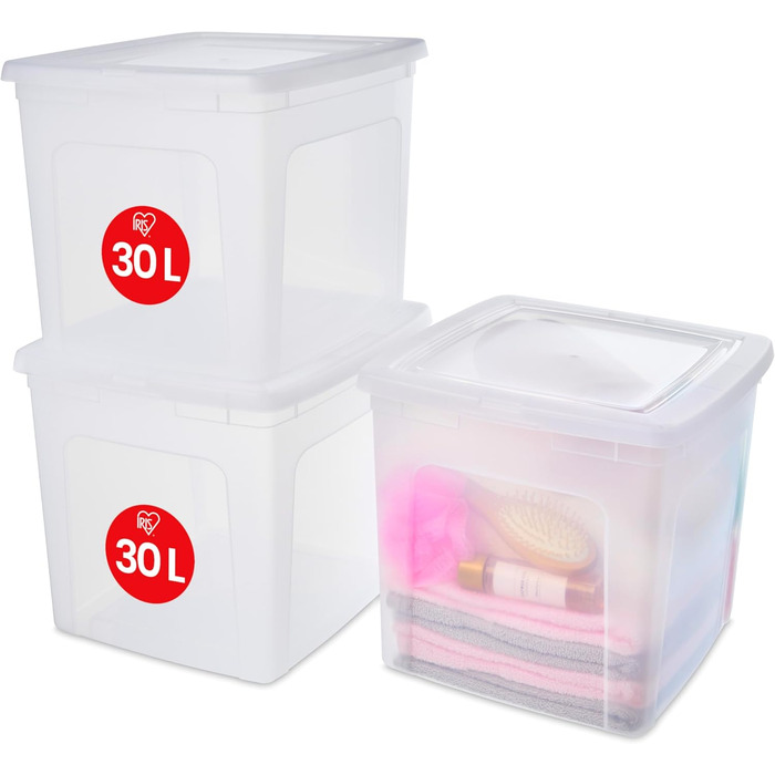 Iris Ohyama Versatile Storage Boxes, 30L, 3-Piece Set, Transparent, Easy-Closing Lid, Stackable, Plastic, For Closet, Shelves, Classroom, Organization, Art Supplies, Shoes, MCB-30