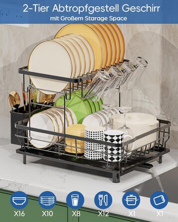 LIONONLY Dish Drying Rack, Large 2-Tier Dish Drying Rack with Drip Bowl, Stainless Steel Dish Drying Rack with Utensil Holder, Beverage Holder, and Swivel Spout, Dish Drying Stand Kitchen