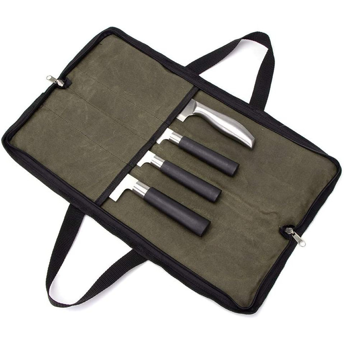 QEES 4-Compartment Knife Storage Case, Knife Pouches for Small Kitchen Knives, Chef's Knife Bag, Kitchen Tool Bag for Kitchen Knife Set (Army Green)