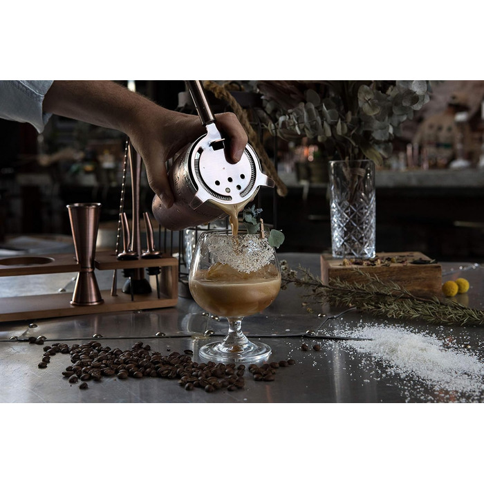 Набір для коктейлів Mint&Mortar 7 предметів з бамбуковим підставкою, з нержавіючої сталі, міксологія, барменський набір з барними інструментами для дому та професійного використання, ідеальний для Мартіні/Маргарити, 680 мл, міксер (Чорний) (Шліфоване мідь