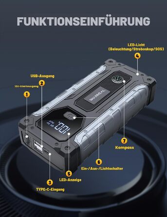 Пусковий пристрій (бустер) для автомобіля SHARMEAL 10000A, 12V Powerbank для бензинових та дизельних двигунів до 10.0 л, з LCD-дисплеєм та LED-ліхтарем
