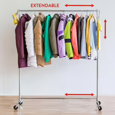 Tatkraft New York Clothes Rack Extendable Width and Height, Clothes Rack on Wheels, 86-143 x 44 x 100-165 cm, Mobile Stable Clothes Rack made of Stainless Steel (Steel)