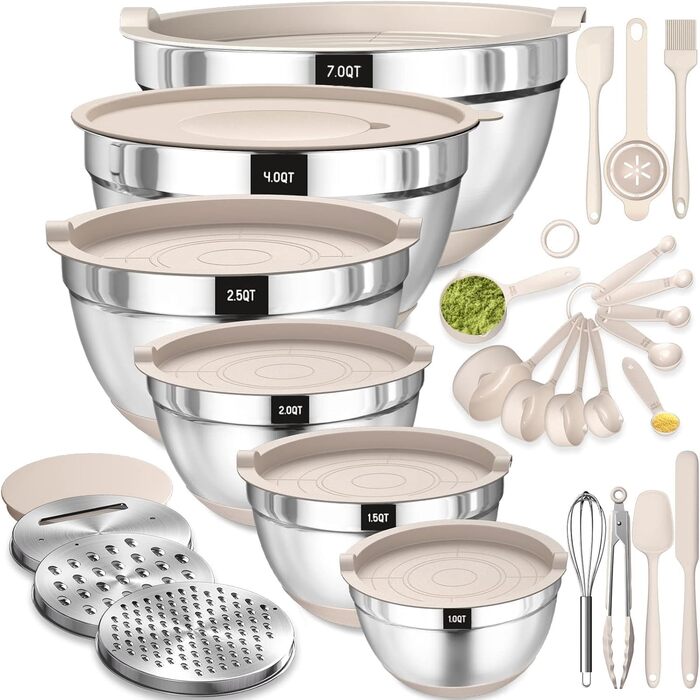 Mixing Bowl Set of 6, Stainless Steel Bowls with Airtight Lid & Silicone Bottom, 3 Grater Attachments, Bowl Set for Baking/Serving, 6.6 L/3.8 L/2.4 L/1.9 L/1.4 L/0.6 L - Khaki
