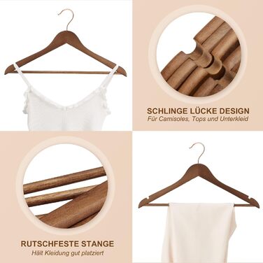 HOUSE DAY Wooden Clothes Hangers, 32 Pack, Walnut Wood Hangers, Walnut Clothes Hangers, Wooden Hangers, Clothes Hangers, Stable Clothes Hangers, Swivel Clothes Hangers, 44.5cm Wide, with Notch, Roségold Hook