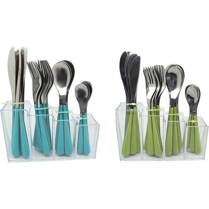 EXZACT Cutlery Set with Stand / 24 PCS Stainless Steel Cutlery Set in a Plastic Holder - Colored Handles - 6 x Forks, 6 x Knives, 6 x Spoons, 6 x Teaspoons - Green (EX153 x 24)