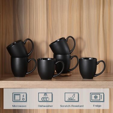 DOWAN Coffee Mug Set, 6 x 470ml Large Porcelain Coffee Mugs, Mugs with Handle, Matte Ceramic Mug for Coffee, Tea & Hot Chocolate, Black Coffee Cup Set