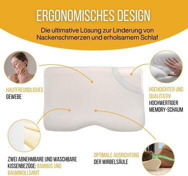 Ортопедична подушка для шиї Inphysio Luxury, гіпоалергенна, з пам'яттю форми, з 2 чохлами, ергономічна, 60x35x12/7 см