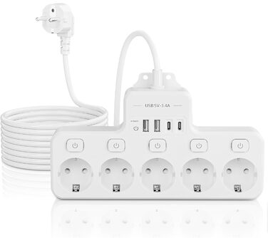 Багатофункціональна мережа розгалужувач з USB та вимикачем, 5 розеток, 2м кабель, кутова розетка, чорний колір, для кухні, з індивідуальним вимикачем, для столу, настінний монтаж