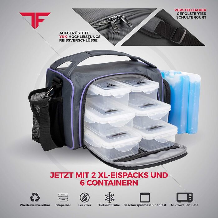 Ізотермічна ланчбокс-сумка з 6 контейнерами для їжі, BPA-free, для мікрохвильовки й заморозки, з шейкером, органайзером для пігулок, плечовим ременем та акумуляторами холоду, лілова