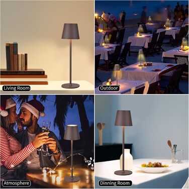 2 LED акумуляторні диммерні настільні лампи бездротові, перезаряджувані, тепле світло 3000K, для дому та вулиці, з USB-C, алюміній, IP54 вологостійкі, чорно-коричневі