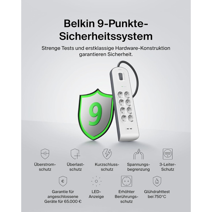 Мережевий фільтр Belkin з 8 розетками, захистом від перенапруги та USB-портами (2.4A), 2 м кабелю, для дому та офісу