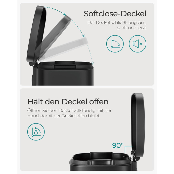 Відро для сміття SONGMICS 30 л, сталеве, з м'яким закриттям, з внутрішнім відром, чорне