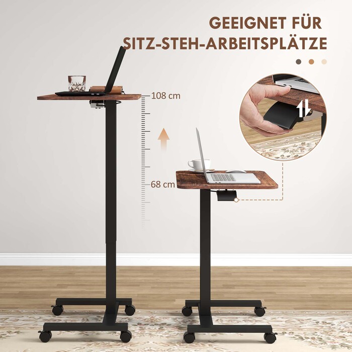 Vinsetto Adjustable Height Laptop Table with 4 Wheels, 2 Brakes, 65 cm x 48 cm x 108 cm, with Hand Crank, Brake, Particleboard, Rustic Brown | Aosom