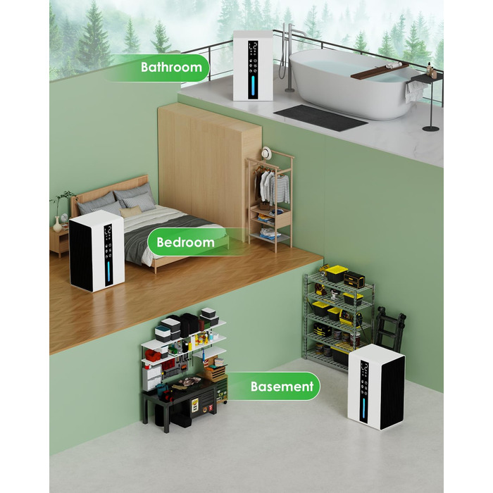 Електричний осушувач повітря 1.8L з антизаморожувальним захистом, 2 швидкості та 2 режими, таймер 48H, RGB підсвітка, для спальні, ванної кімнати та гуртожитку 1800 мл