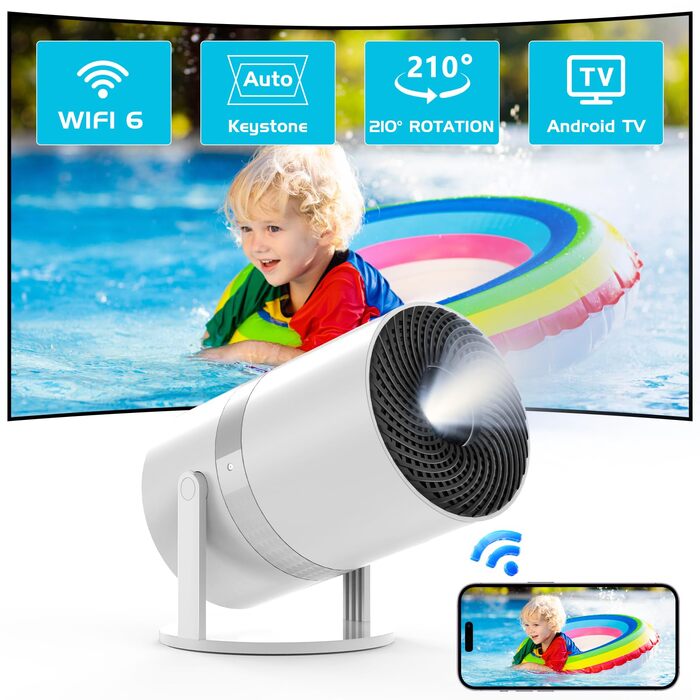 Міні проектор Beamer з автотрапецеїдною корекцією, Android OS, поворот 210°, WiFi 6, Bluetooth, 50% Zoom, Full HD 1080P для дому та на вулицю (сумісний з: смартфоном, Fire TV Stick, ноутбуком, HDMI, USB)