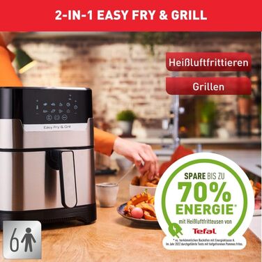 Tefal EY505D Easy Fry & Grill Hot Air Fryer | 2-in-1 Technology (Air Fryer and Grill) | Digital Display | 4.2 Liter for 6 Portions | 8 Cooking Programs | Energy-Saving | Oil-Free | Stainless Steel, XL