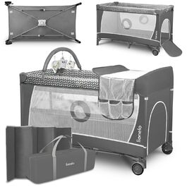Lionelo Flower 4in1 Travel Cot Baby, Playard Baby with Side Entrance, Changing Table, Two Mattress Suspension Heights, Play Arch with Figures, Wheels, Carry Bag 1 Piece (1-Pack) Grey