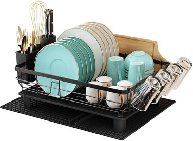 Сушарка для посуду MAJALiS з піддоном та килимком, 2-рівнева, з тримачем для столових приборів, поворотним виливом, чорна
