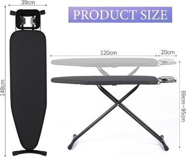 Гладильна дошка Aoufottes регульована по висоті, для прасування з парою, 120x38 см, чорна