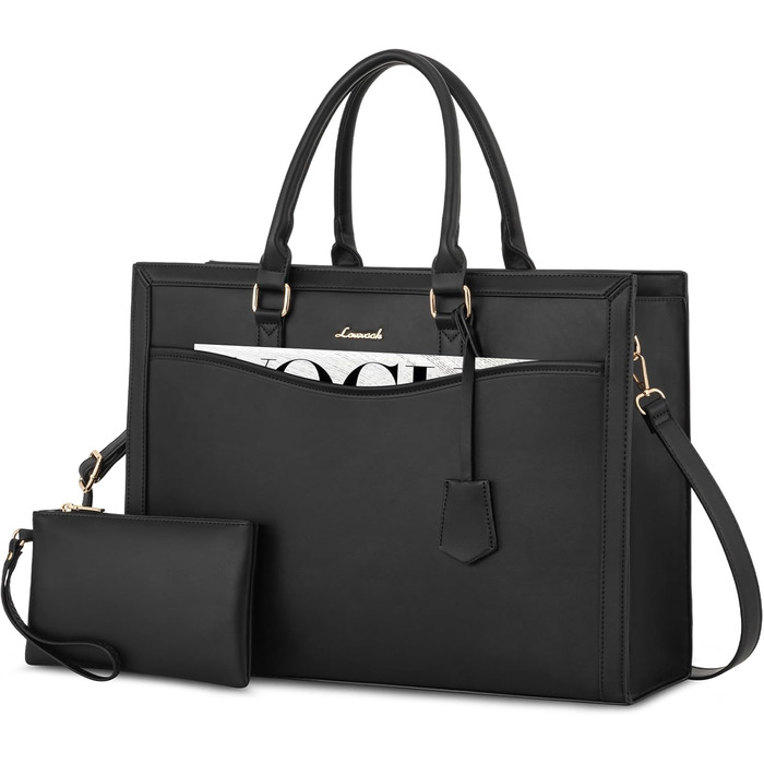 LOVEVOOK 17-Inch Laptop Bag Black Handbag Women's Large Shopper Leather Tote Bag Work Bag Shoulder Bags Briefcase College Teacher Bag Shoulder for Business School