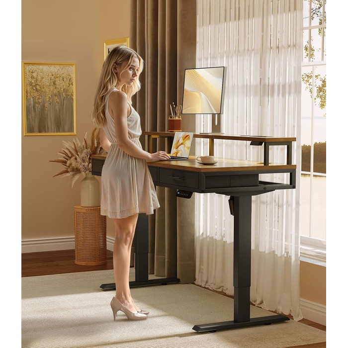 OffiGo Electric Standing Desk with Drawers, 120cm Adjustable Height Desk with Monitor Stand, Gaming Desk with Power Outlets & LED Light Bar, Brown Office Desk - 120 x 54cm