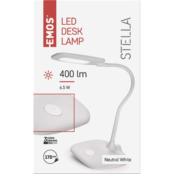 LED настільна лампа EMOS STELLA 6,5W з регулюванням яскравості, 4000K, гнучкий шарнір, 1,7м кабель, CRI>80