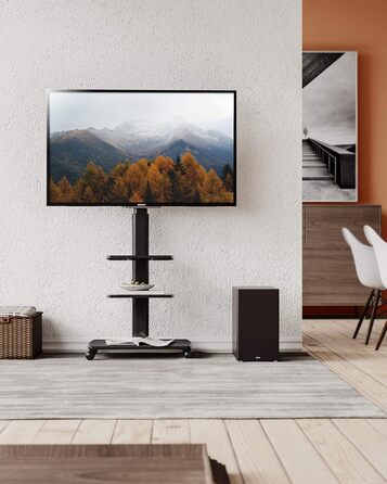 FITUEYES Rolling TV Stand with 3 Shelves - Adjustable Height & Swivel - Fits 32-70 Inch TVs (up to 40kg) - VESA 400x600 - White/Black