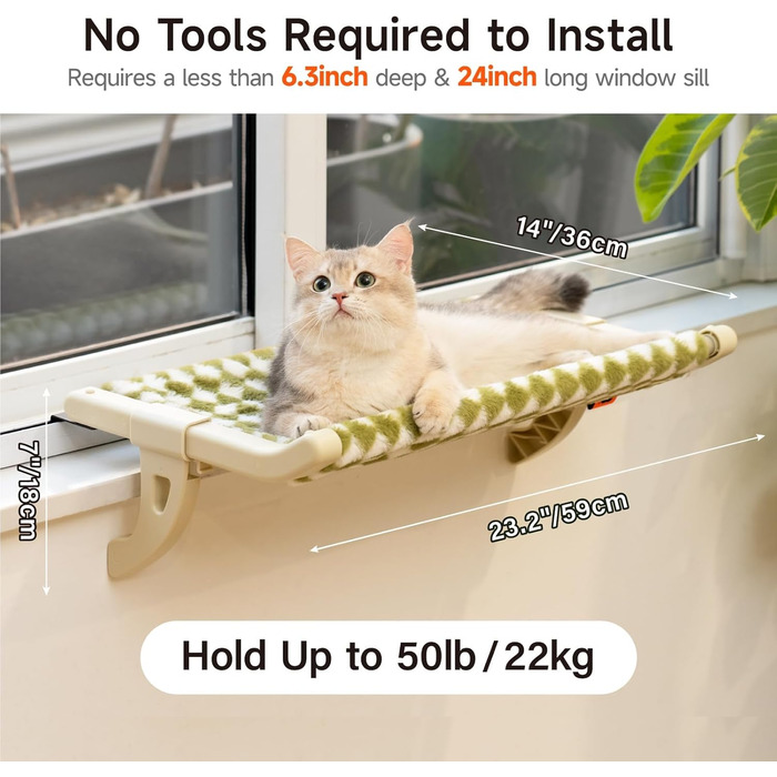 MEWOOFUN Cat Hammock Window Cat Bed Window Sill for Cats - 50x36cm Cat Bed for Radiator Cat Hammock with Soft Bed, Detachable Suction Cup Free Holds 18kg (Green L)