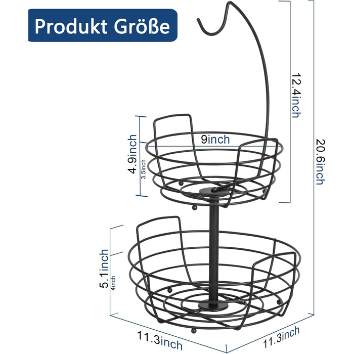 Металева підставка для фруктів та овочів на 2 яруси з гачком для бананів - чорна