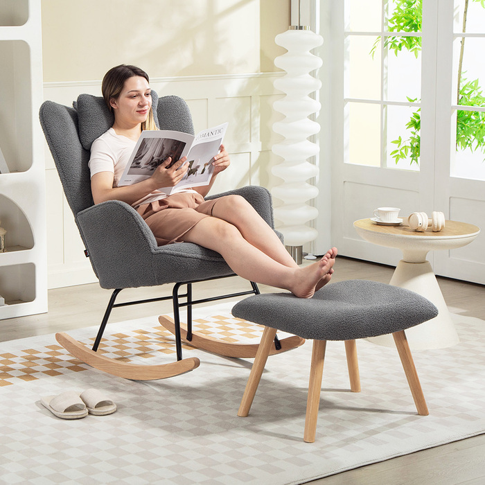 HOMCOM Rocking Chair with Ottoman, Soft Fleece Upholstery, Wooden Legs, Cushion, High Back, Rocker, Dark Grey