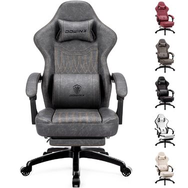 Ігровий крісло Dowinx з підголівником та масажем попереку, ергономічний геймерський крісло з підніжкою, офісне крісло з PU шкіри (Сірий)