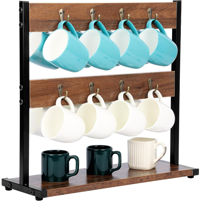 BELLE VOUS Wooden Mug Tree - Vintage Coffee Bar - Mug Holder with 16 Hooks - Mug Shelf - Pretzel Stand Wood - Kitchen Organization - Mug Stand - Cup Holder - Coffee Bar
