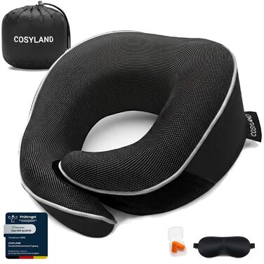 Подушка для шиї COSYLAND для літака та авто - Memory Foam, 360° підтримка, регульована, чорна. З маскою для сну та берушами