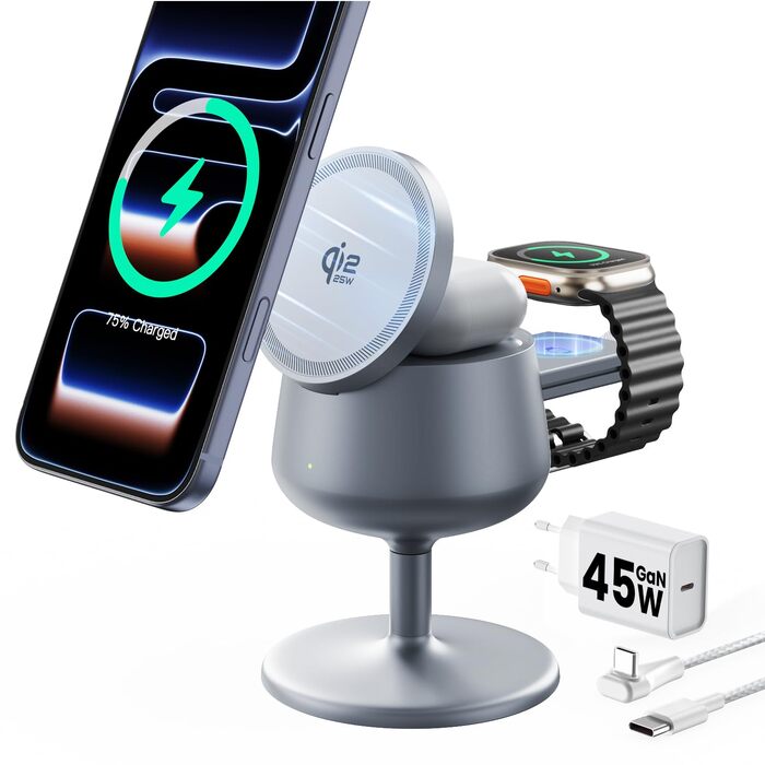 Бездротова зарядна станція 3-в-1 GEEKERA Qi2.2 25W для Apple: MagSafe швидкий заряд для iPhone 17/16/12, Apple Watch та AirPods, адаптер GaN 45W, срібляста
