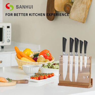 SANHUI 6-Piece Knife Set with 5 Stainless Steel Kitchen Knives and 1 Acacia Wood Magnetic Knife Block – the perfect stylish and beautiful kitchen knife set