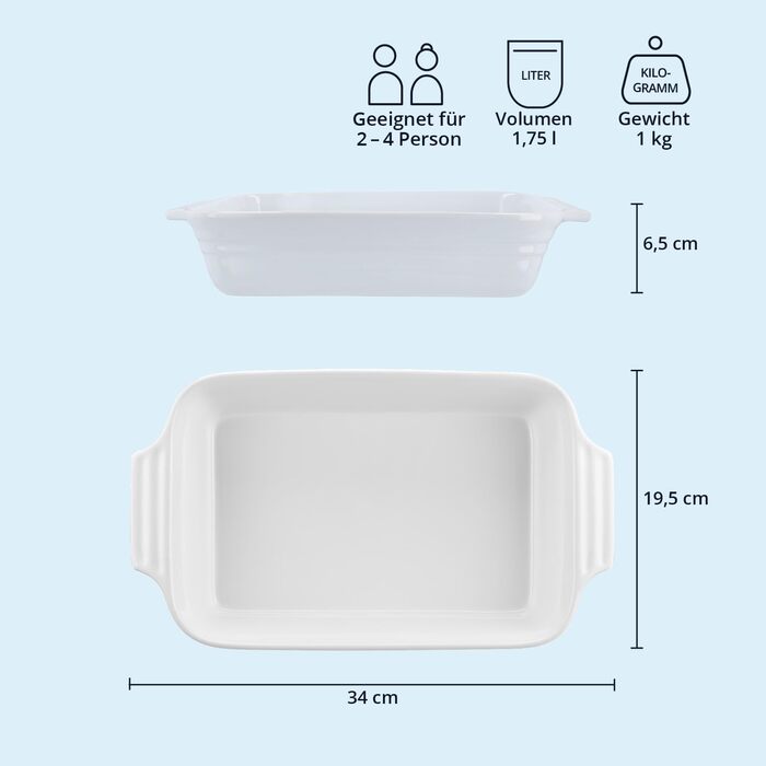 Форма для запікання KHG велика 40 см, 3 л, для 4-6 осіб, кераміка, прямокутна, стійка до подряпин, для лазаньї, тірамісу та іншого (1 шт, біла)