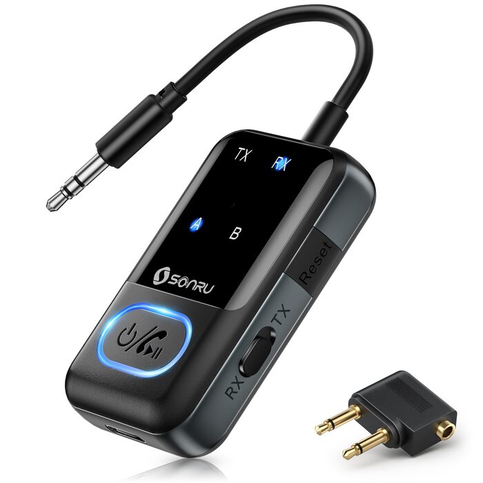 Bluetooth 5.3 адаптер-трансмітер SONRU 2 в 1, приймач та передавач AUX 3.5мм для навушників, телевізора, авто та літака, глибокий чорний
