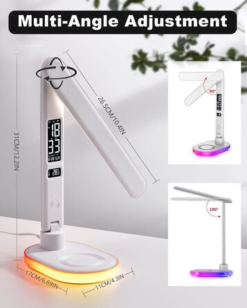 Настільна лампа CCHKFEI з регулюванням, годинником, LED-дисплеєм, бездротовим зарядним пристроєм 10W та USB-портом, 3 режими кольору, датчиком температури та RGB-підсвічуванням для читання, дому та офісу
