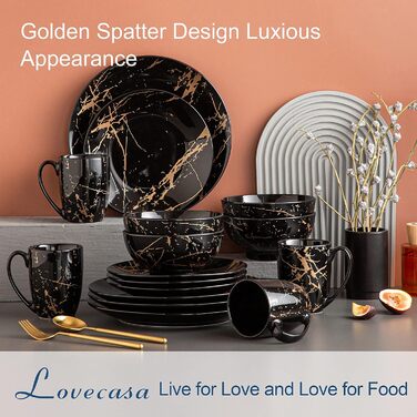 LOVECASA Sweet: Сервіз Porzellan Daphne, 32 елементи, чорний колір. Комплект тарілок, мисок та чашок для 8 осіб з золотим декором.