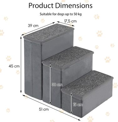 Сходи для собак SOARS, складані, з місцем для зберігання, неслизькі, до 50 кг, для котів та собак, під ліжко/диван (сірий, 3 сходи, 38 x 51 x 45 см)