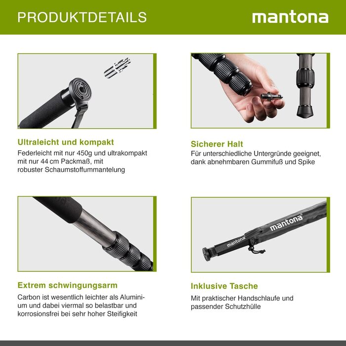 Штатив Mantona Pro One одноногий, карбоновий, чорний - регулювання висоти 39-144 см, з аксесуарами